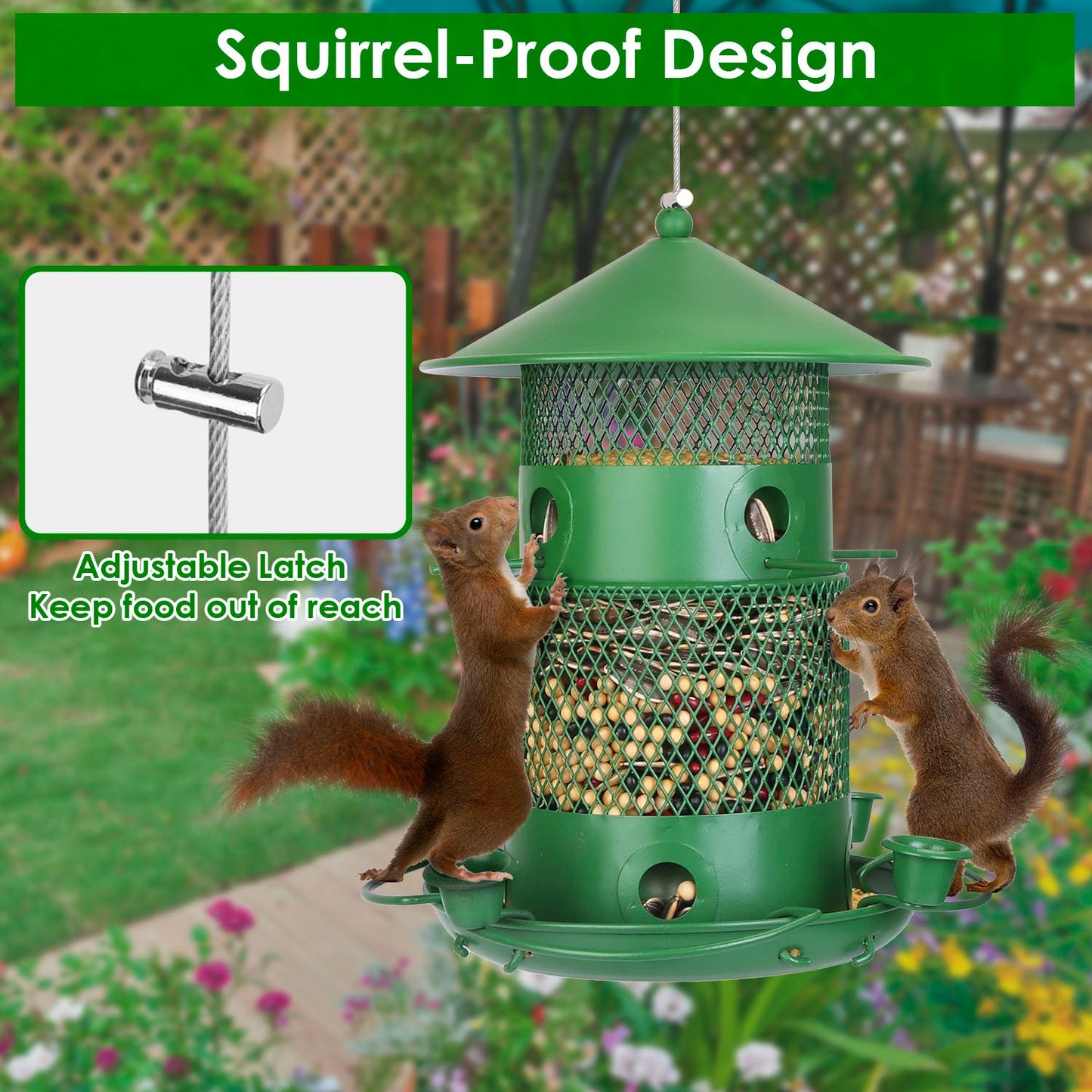 Wild Bird Feeder Squirrel-Proof Chew-Proof Metal Bird Seed Feeder Outdoor Hanging Bird Feeder With 360¡ Circular Perches Water Cups For Yard Garden Pa